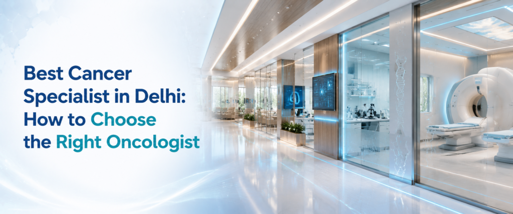 Best Cancer Specialist in Delhi: How to Choose the Right Oncologist – premium healthcare banner featuring a modern oncology hospital corridor with glass-walled consultation rooms, a PET-CT scanner, molecular pathology laboratory, AI-powered diagnostic displays, elegant DNA-inspired architectural elements, and a bright, world-class cancer care environment.