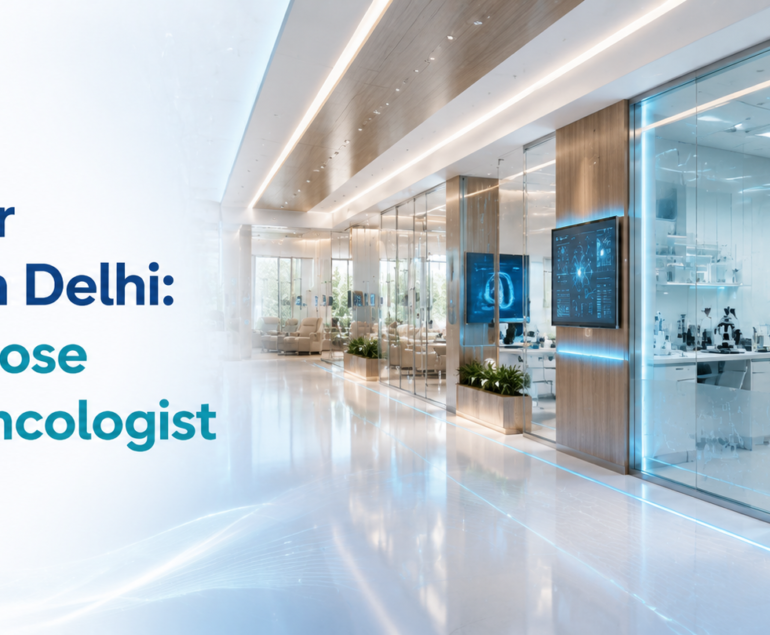 Best Cancer Specialist in Delhi: How to Choose the Right Oncologist – premium healthcare banner featuring a modern oncology hospital corridor with glass-walled consultation rooms, a PET-CT scanner, molecular pathology laboratory, AI-powered diagnostic displays, elegant DNA-inspired architectural elements, and a bright, world-class cancer care environment.