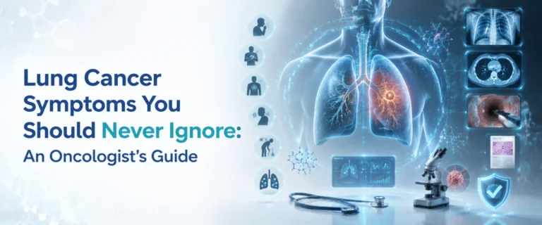 Lung Cancer Symptoms You Should Never Ignore: An Oncologist's Guide – premium medical illustration showing holographic lungs with advanced diagnostic imaging, AI-assisted analysis, CT scan, biopsy, and early lung cancer detection in a modern healthcare setting.