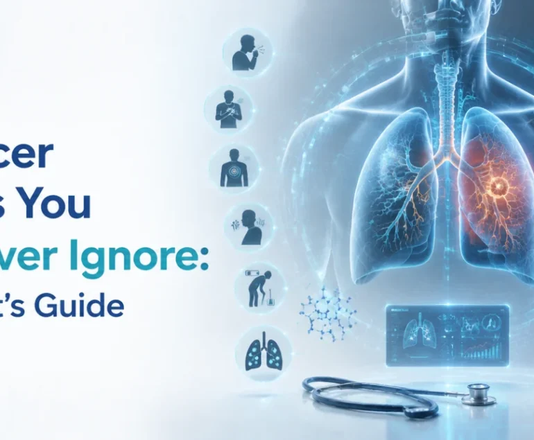 Lung Cancer Symptoms You Should Never Ignore: An Oncologist's Guide – premium medical illustration showing holographic lungs with advanced diagnostic imaging, AI-assisted analysis, CT scan, biopsy, and early lung cancer detection in a modern healthcare setting.