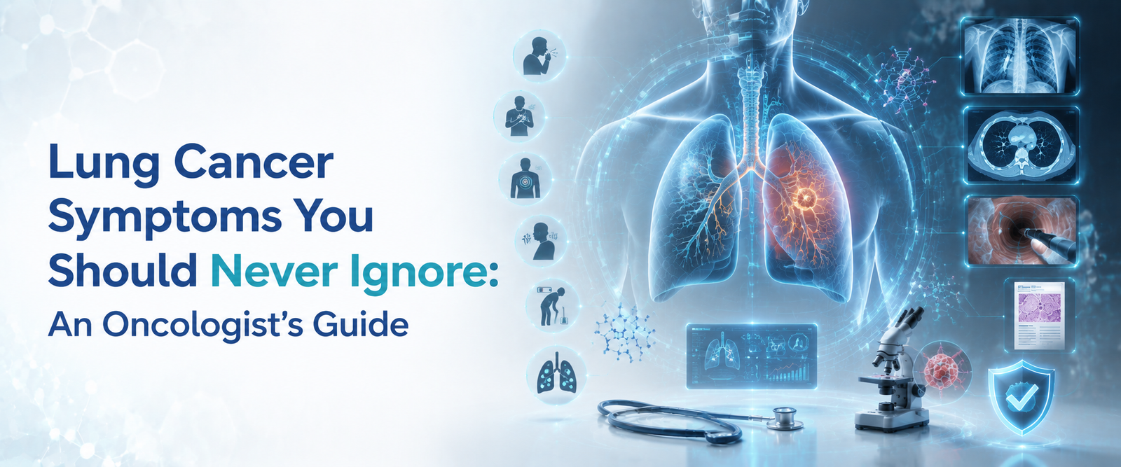 Lung Cancer Symptoms You Should Never Ignore: An Oncologist's Guide – premium medical illustration showing holographic lungs with advanced diagnostic imaging, AI-assisted analysis, CT scan, biopsy, and early lung cancer detection in a modern healthcare setting.
