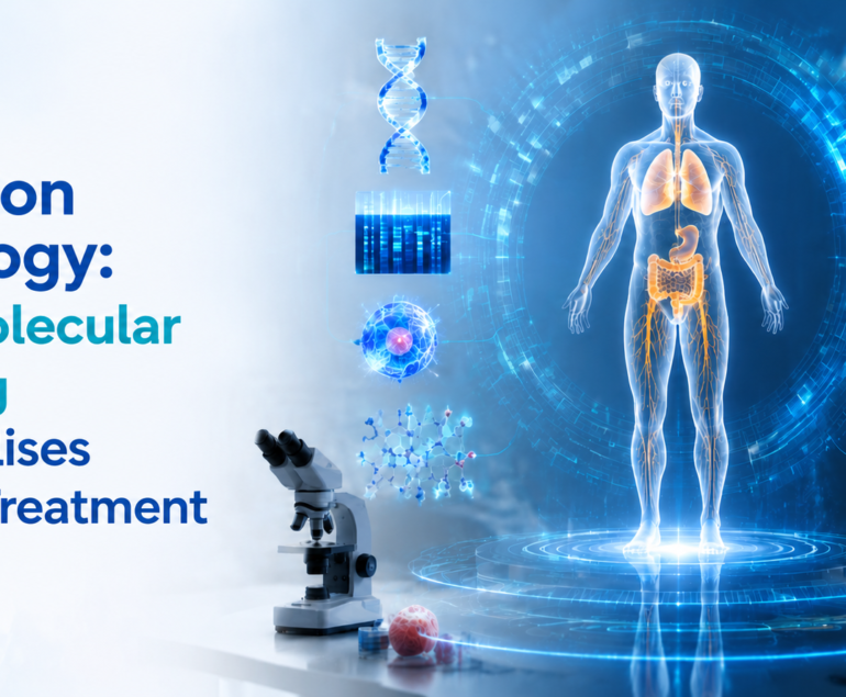 Precision Oncology: How Molecular Profiling Personalises Cancer Treatment – futuristic holographic human body with DNA sequencing, genomic analysis, AI diagnostics, and molecular profiling visualising personalised cancer treatment.