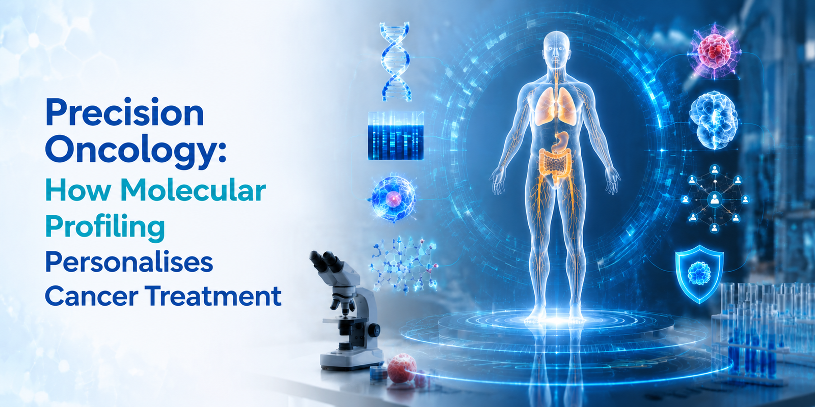 Precision Oncology: How Molecular Profiling Personalises Cancer Treatment – futuristic holographic human body with DNA sequencing, genomic analysis, AI diagnostics, and molecular profiling visualising personalised cancer treatment.