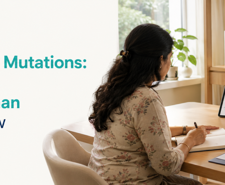 Indian woman discussing BRCA genetic testing with an oncologist during a consultation, taking notes in a warm, modern healthcare setting. The banner text reads, “BRCA Gene Mutations: What Every Indian Woman Should Know.