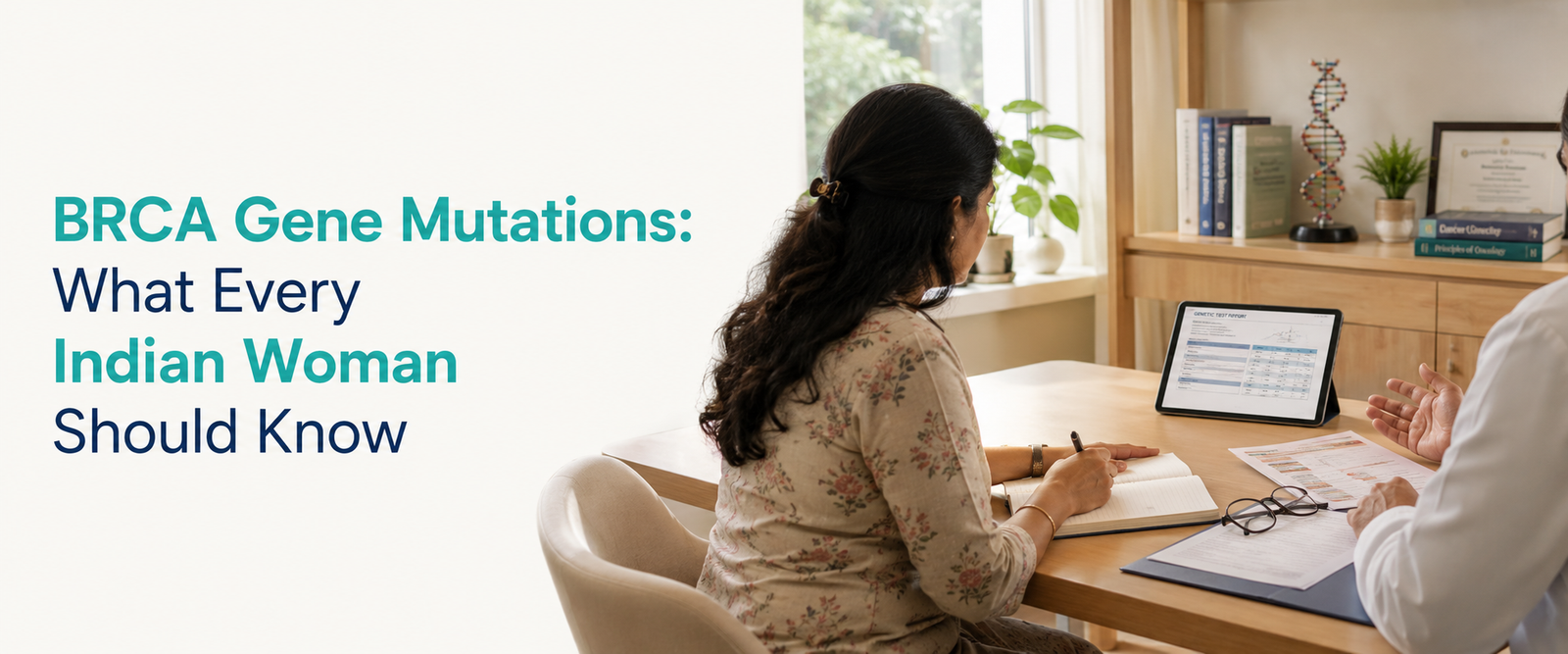 Indian woman discussing BRCA genetic testing with an oncologist during a consultation, taking notes in a warm, modern healthcare setting. The banner text reads, “BRCA Gene Mutations: What Every Indian Woman Should Know.