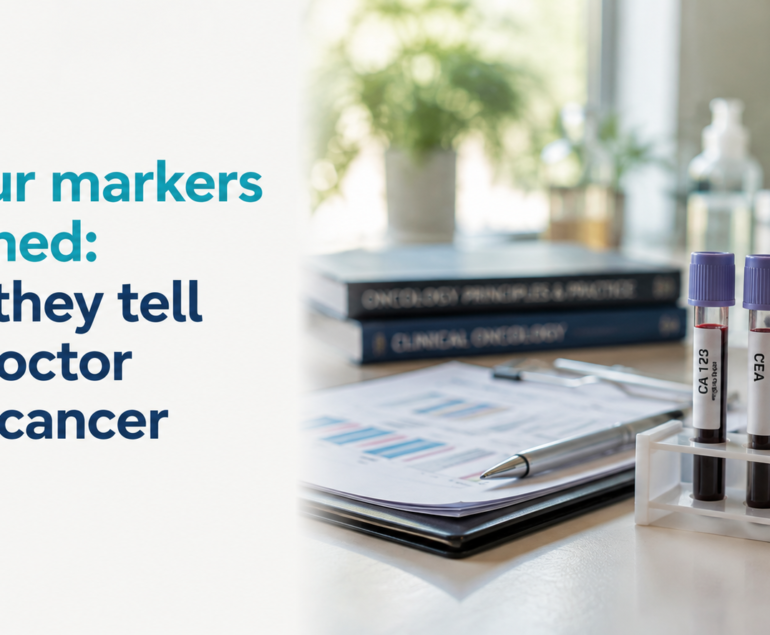Tumour Markers Explained: What They Tell Your Doctor About Cancer – medical laboratory scene featuring blood sample tubes, a tumour marker report, microscope, and oncology reference materials, representing how tumour marker tests can support cancer evaluation and treatment decisions.