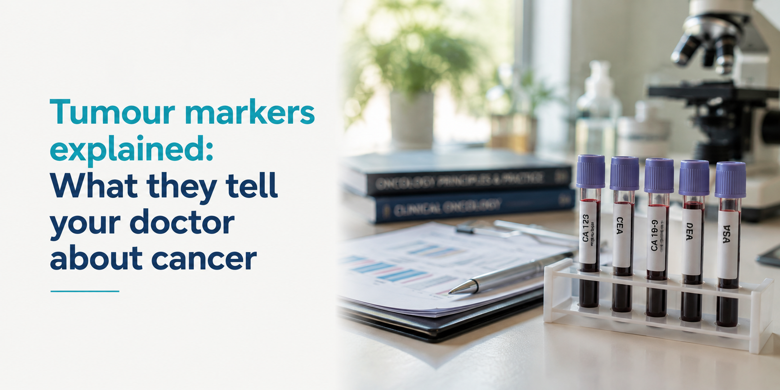Tumour Markers Explained: What They Tell Your Doctor About Cancer – medical laboratory scene featuring blood sample tubes, a tumour marker report, microscope, and oncology reference materials, representing how tumour marker tests can support cancer evaluation and treatment decisions.