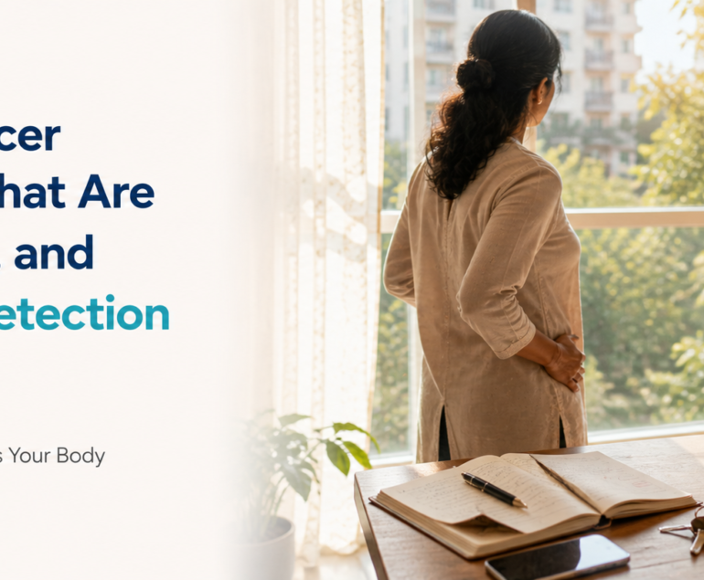 Ovarian Cancer Symptoms That Are Easy to Miss, and Why Early Detection Matters – Indian woman noticing a change in her body at home, with a notebook and everyday personal items nearby, representing symptom awareness and the importance of early detection.