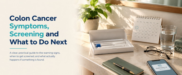 Photorealistic healthcare banner showing a colorectal cancer screening test kit, calendar, glasses, water and phone reminder on a warmly lit bathroom shelf, with the title on the left.