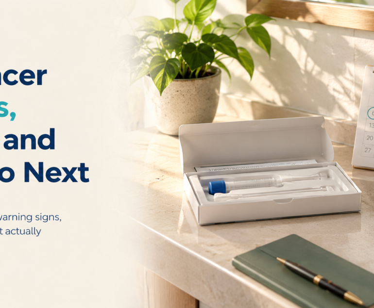 Photorealistic healthcare banner showing a colorectal cancer screening test kit, calendar, glasses, water and phone reminder on a warmly lit bathroom shelf, with the title on the left.