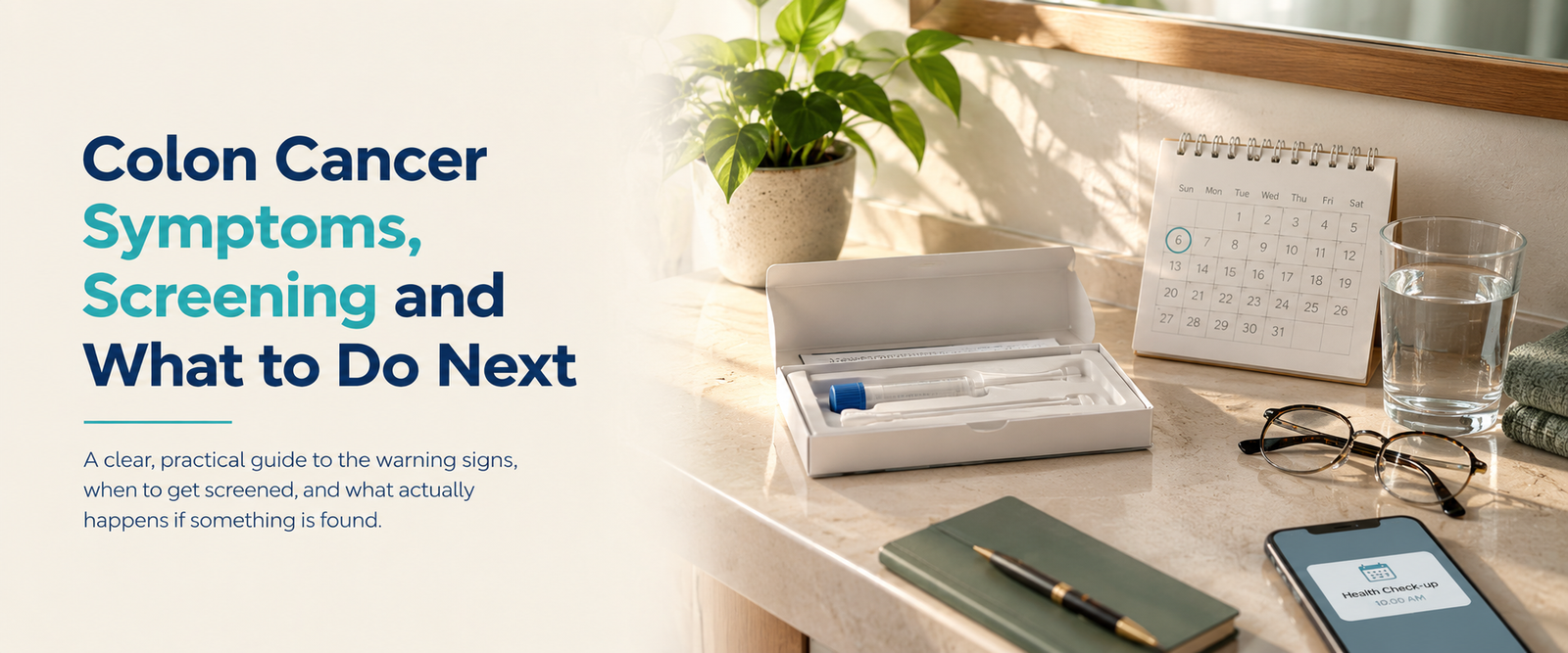 Photorealistic healthcare banner showing a colorectal cancer screening test kit, calendar, glasses, water and phone reminder on a warmly lit bathroom shelf, with the title on the left.