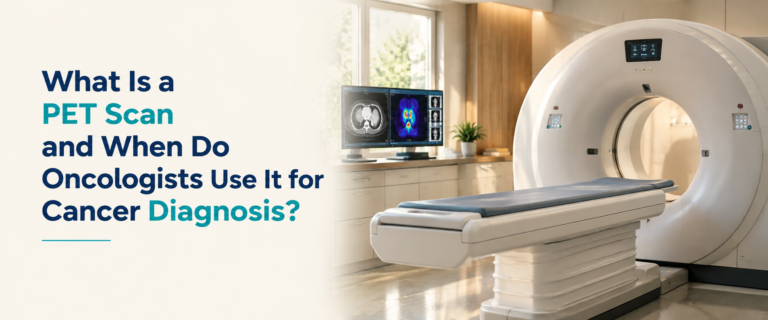 PET-CT scanner in a modern imaging room with diagnostic scans on background screens and clean space for the article title.