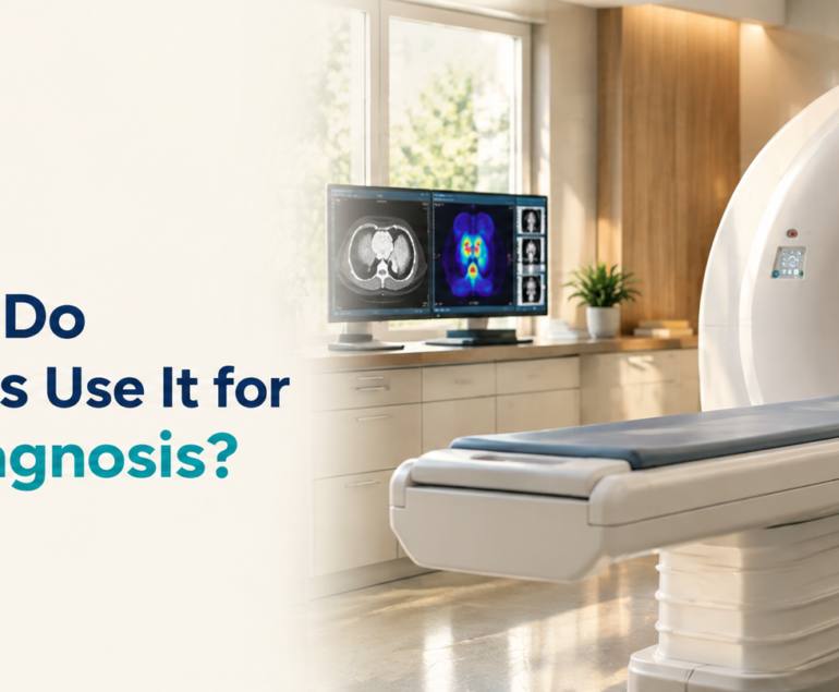 PET-CT scanner in a modern imaging room with diagnostic scans on background screens and clean space for the article title.