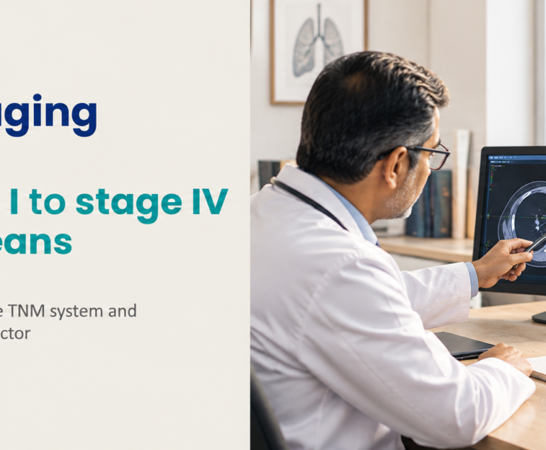 Doctor explaining cancer staging to a patient while reviewing a CT scan on a computer monitor in a clinical consultation room, with headline text about cancer stages I to IV and the TNM system.