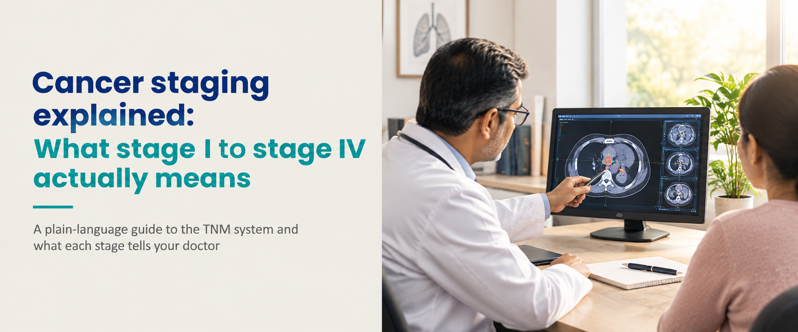 Doctor explaining cancer staging to a patient while reviewing a CT scan on a computer monitor in a clinical consultation room, with headline text about cancer stages I to IV and the TNM system.