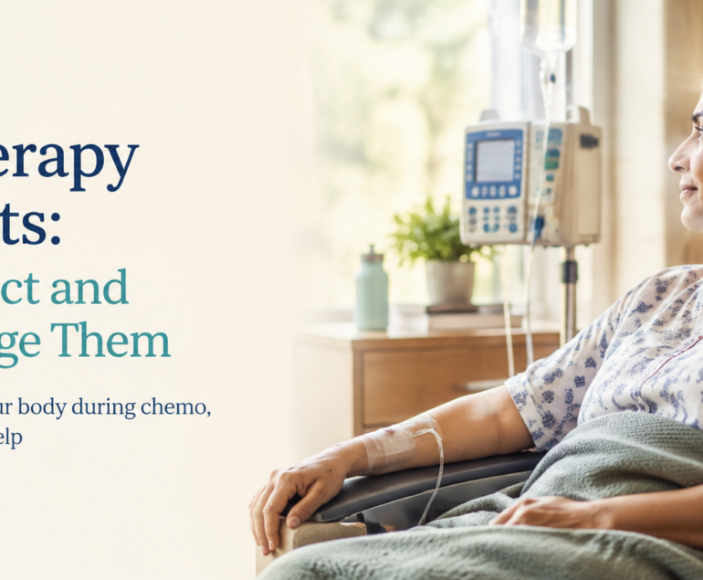 Indian woman receiving chemotherapy in a softly lit infusion setting, with an IV pump and warm, reassuring clinical surroundings.