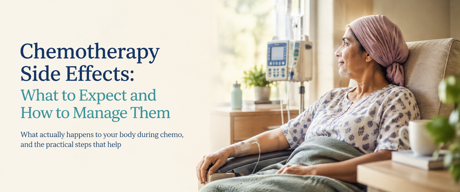 Indian woman receiving chemotherapy in a softly lit infusion setting, with an IV pump and warm, reassuring clinical surroundings.