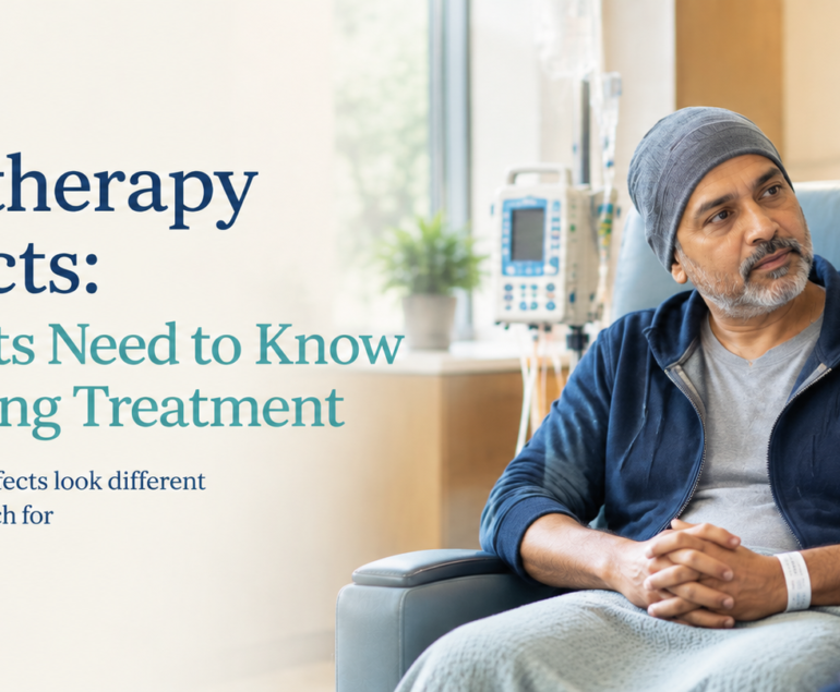 Middle-aged Indian man seated in a hospital chair having a focused conversation with a male doctor in a softly lit cancer-care setting, with an infusion pump in the background.