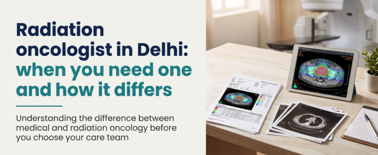 Radiation oncology banner with text about choosing a specialist in Delhi alongside a medical flat-lay featuring an immobilization mask, CT planning scans, and a linear accelerator.